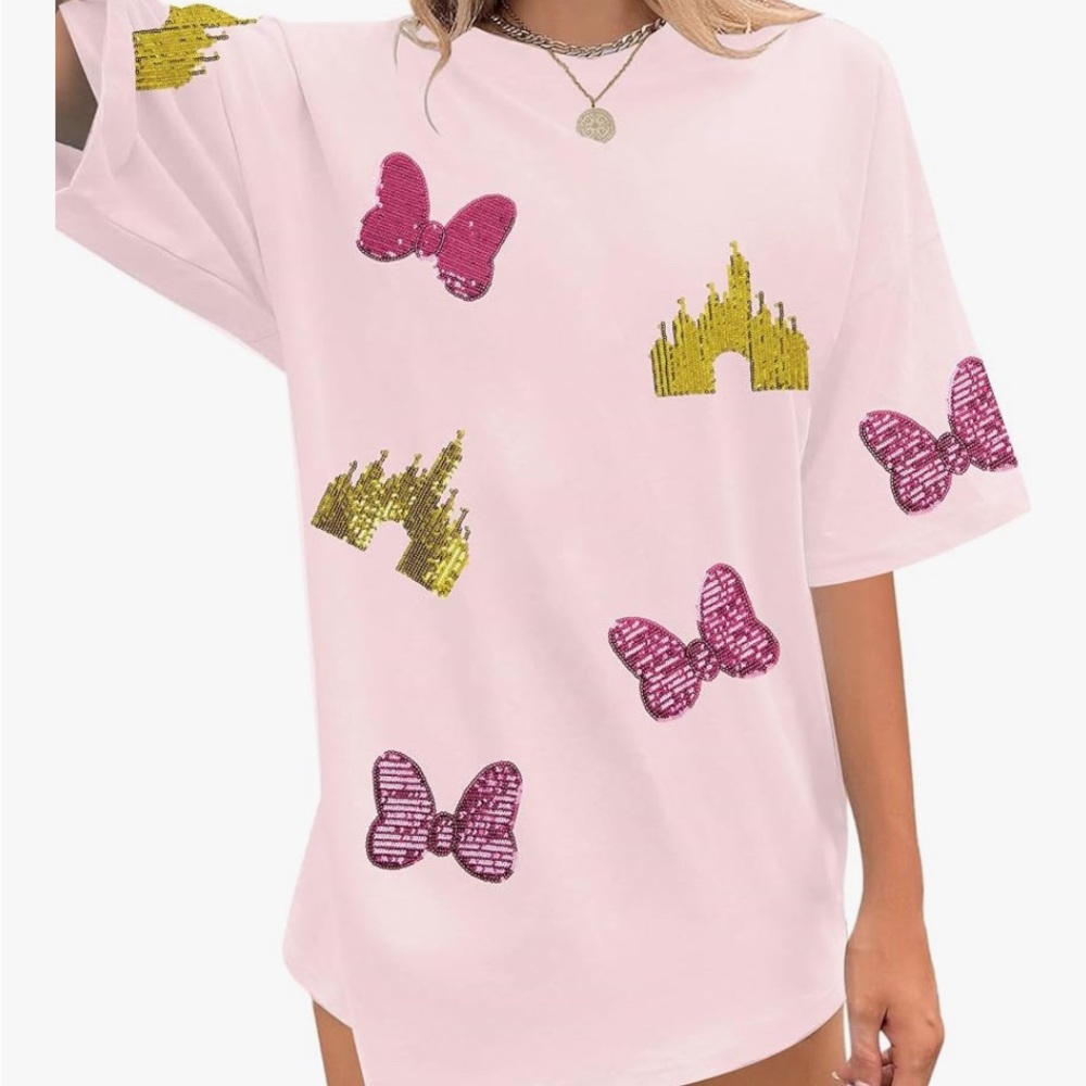 Sequin Castle & Bow Pink Short Sleeve Tee